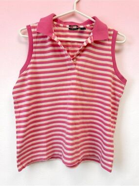 Izod Striped Sleeveless Polo Tank - Pink, Orange & Cream